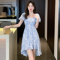 DFMEI 블루 플라워 원피스 여름 쉬폰 유행 언발 롱스커트 섬에서 온 편지