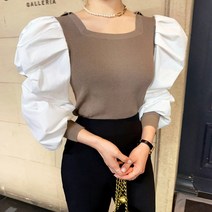 퍼니걸스 5401 배색 니트 스퀘어넥 퍼프 블라우스 여성의류