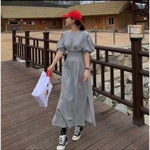 나인테일 여성 여름 반팔 데시브라인슬릿 퍼프소매 옆트임 롱원피스