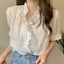 에이치페이지 데일리 캐주얼 프릴 브이넥 블라우스 반팔