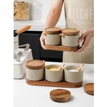 일본식 우드트레이 도자기 양념통세트 조미료통, 3종세트[쟁반+나무숟가락]