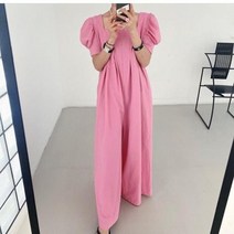 예쁜 드레스 원피스 여름 여행 빈티지 솔리드 와이드 레그 점프 슈트 여성용 스퀘어 칼라 퍼프 슬리브 하이 웨이스트 스트레이트 심플