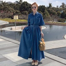 무드무드 주름밴딩 셔츠카라 데님 원피스