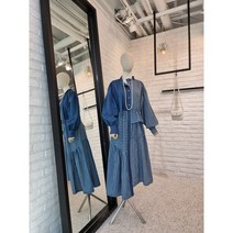 [반다리] ﻿언발 스트라이프 데님 롱원피스