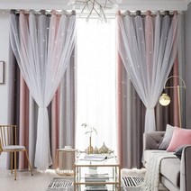 거실 여름 암막 IOT 형상 기억 전동 스마트 커튼 여자를위한 침실 할로우 아웃 스타, 핑크 그레이, 폭134xh274cm, 그로먼트 탑