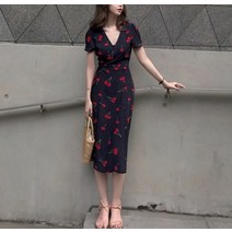 메이비누스 로맨틱 블랙 체리 랩 브이넥 미디 원피스 여름 슬림핏