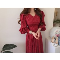 폴카도트 퍼프 긴팔 롱원피스 2색 레드 블랙 허리리본 플레어 페미닌 롱드레스 하객룩 봄