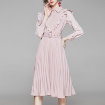 페이퍼먼츠 우아한 프릴 플리츠 카라 벨트 여자 원피스 (브로치포함) 13680