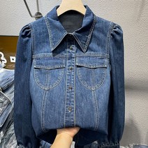 모직자켓 여성트위드자켓 유러피언 봄 루즈핏 데님 셔츠 여벌룬 소매 작은 키 고급감 레이어드 아우터
