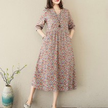 에블바잉 에블 대박걸 꽃무늬 패턴 여성 여름 칠부 a라인 플레어 레트로 원피스 2color