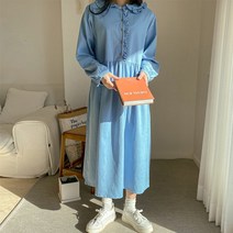 에이스 청원피스)프릴 데님원피스 빅카라 프릴원피스 루즈핏 데님셔츠 롱원피스 긴 연청색 루즈핏 박시