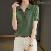 [블루종] 사선 단추 카라 반팔 니트_B2306KN620B