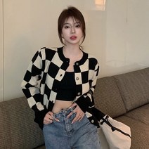 체크무늬 데일리 니트 가디건 여자 체커보드 여성 카디건