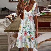 린넨 원피스 여름 긴 드레스 여성 캐주얼 V 넥 꽃 프린트 반팔 비치 Sundress 레이스 꽃잎 비치웨어