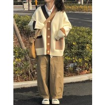 발렌타인데이 카디건 빅핏 니트 코트 여 가을 겨울 커플룩 배색 브이넥 루즈핏 스웨터 선물