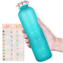 Kalevel 1리터 시간 눈금 표시 휴대용 대용량슬림 원형보틀 아웃도어스포츠 내열 플라스틱 무광 물병 1000ml 운동 헬스 그라데이션물통 1l + 이름 스티커 + 삼색 볼펜, 그린