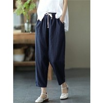 여성 하라주쿠 여름 하이 웨이스트 탄성 코튼 린넨 와이드 레그 카프리 헐렁한 바지