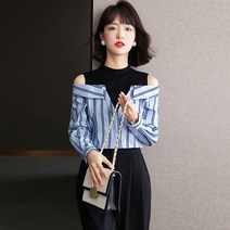 가을 프렌치 심기 상의 블라우스 상의 스트라이프 셔츠 패치 여 긴팔