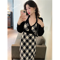 빈티지 체크 니트 원피스+가디건 투피스 가을 원피스