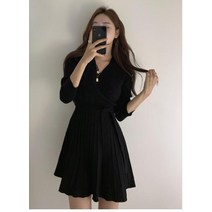 니트 원피스 한국 스타일 디자인 나비 넥타이 A 라인 V 넥 귀여운 미니 리틀 블랙 드레스 여성용 겨울 니트 드레스 판매 12112
