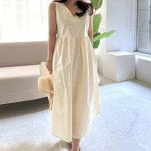 네모엔룩 여성용 브이코튼 V넥 민소매 롱 원피스
