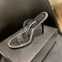 투명힐 버전 스타일 라인 석 투명 원 스트랩 샌들 여성 하이힐 AW 슬리퍼 외부 착용 스틸레토 미디엄 힐