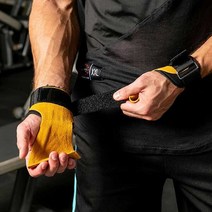 소가죽 스트랩 리프팅 그립 헬스 장갑, 옐로우