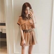 Momolatti 여성 하이웨이스트 점프수트 여름 반팔 반바지점프수트