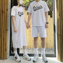 남녀공용 커플 여름 코튼 올란도 프린팅 반팔 롱 원피스 컷팅 밴딩 반바지 트레이닝 세트 3color