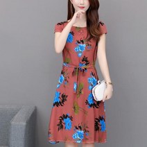 아나운서원피스 5월결혼식하객룩 예복원피스 여성 새로운 패션 여름 드레스 캐주얼 넥 프린트 빈티지 우아한 반팔 의류