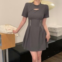 에브리바레 [원피스] M-4XL 글린 가슴 트임 지퍼 페미닌 여성 빅사이즈 반팔 플레어 A라인 롱원피스