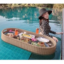 동남아 풀빌라 조식 런치 예쁜 라탄 접시 쟁반 물에뜨는, 타원형살구(100x60x20)