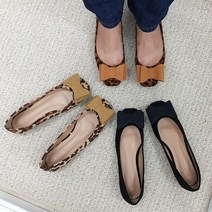 사각코 리본 레오파드 호피 여성 플랫슈즈 단화 구두
