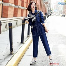 puildaug 데님 점프 수트 여성용 긴소매 가을 기질 숄 슬림 점프 수트