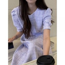 결혼식 트위드 원피스 하객 Woherb 여성 짧은 퍼프 슬리브 여름용 캐주얼 올 매치 세련된 빈티지 로브 루즈한 Vestidos