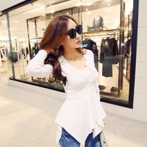 중간 및 긴 버튼 상단 불규칙한 dovetail 긴팔 여성용 티셔츠 2022 봄 새 조커 외부 바닥 셔츠