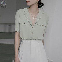 [연당월]프렌치 화이트 워크 기질 오픈 칼라 셔츠 여 여름 쉬폰 화이트 브이넥 정장 넥 메탈 버튼 쉬폰 상의입니다
