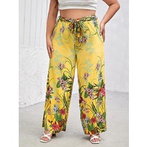 하체비만 바지 꽃 무늬 우아한 탄성 캐주얼 노란색 통큰바지 여성 특대사이즈 6XL이상
