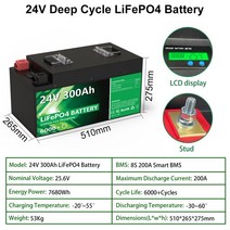 인산철 배터리 자동차 캠핑카 차박 리튬 시동 파워뱅크 추천LiFePO4 24V 300Ah 배터리 팩 6000 사이클 25., 02 24V 300Ah 7680Wh