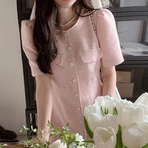 수입원피스 수입의류 세련된 한국 스타일 라운드 넥 반팔 드레스 여성용 싱글 브레스트 허리 포옹 프랑스