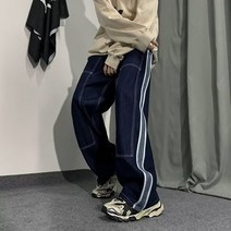 ins 가을 패치 일자 와이드 팬츠 남녀 디자인 감각 청바지 트렌드 커플룩