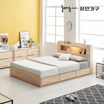 장인가구 뉴시드니 LED 편백나무 수납헤드 3서랍 수납침대 Q_포켓매트, 내츄럴그레이