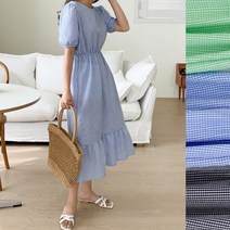 지지미 고방 깅엄 체크 시어서커 원피스 연두색 소라색 제주도 스모크 밴딩 퍼프 롱 소매