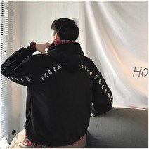 CHIC 남녀공용 가을 레터링 타투 블랙 그레이 후드 후드티