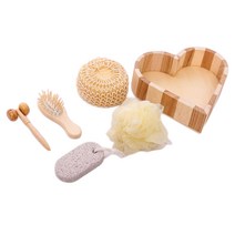 5 Pieces Bath Accessories Set in Heart Wooden Trinket Box Pumice Stone Massage Tool Hair Brush for W