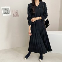 마이시즌 여성용 카라 버튼 플리츠 원피스