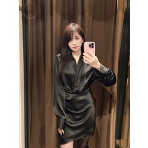 ZA 여성복 기품 공단 질감 수직 디자인 주름 V넥 긴팔 원피스 2950371