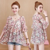 Happy shopping 브이넥 프릴 플라워 쉬폰 블라우스