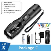 택티컬 Shustar-Led 손전등 울트라 브라이트 토치 L2 V6 18650 배터리 5 단계 스위치 모드 방수 줌 기능 자전거 조명, Package C, CHINA, L2-Medium brightness