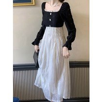 오피스룩 햅번 스타일 프랑스 복고풍 기질 여신 Fan Mingyuan 스퀘어 칼라-긴팔 레이스 드레스 여성 가을 겨울 롱원피스